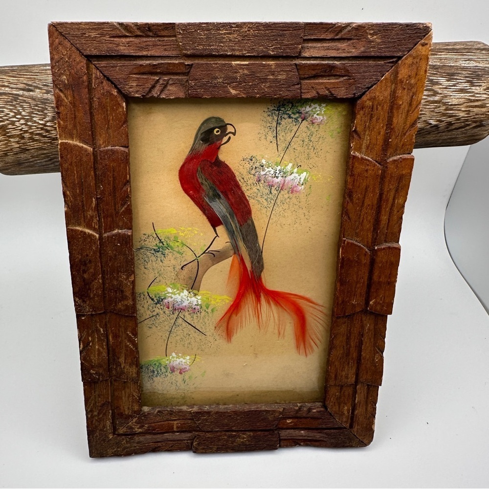 Vibrant Vintage Mexican Folk Art Feather Craft Red Bird Picture Carved Frame